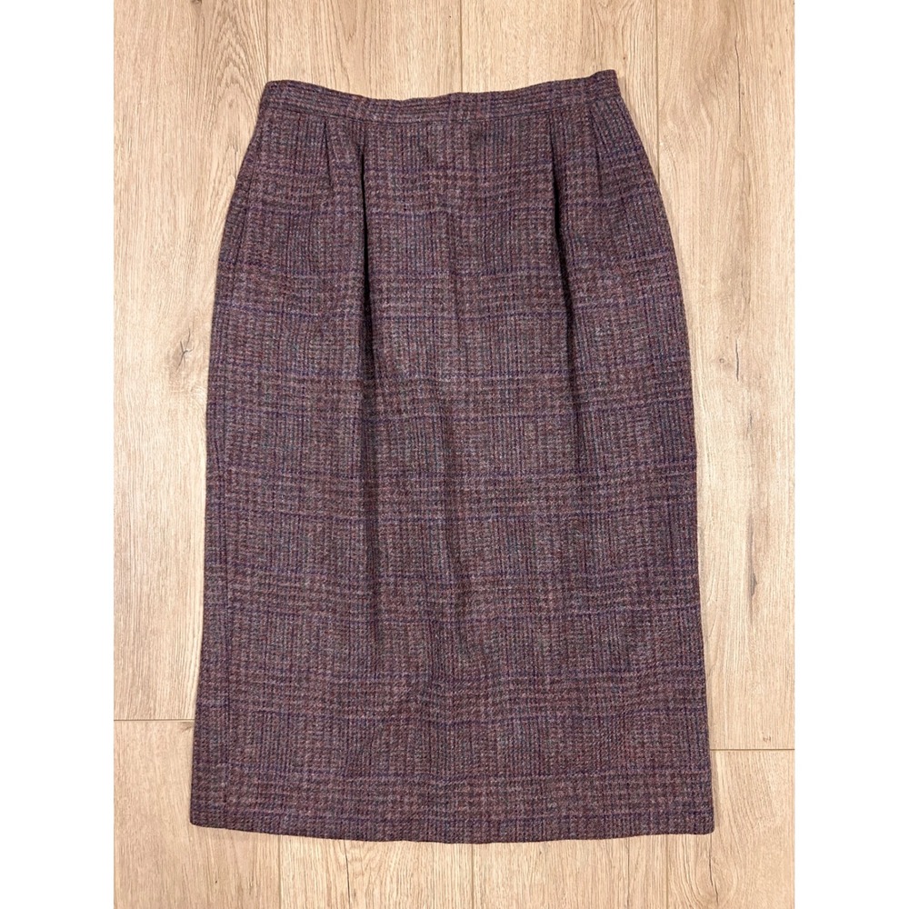 Bretton Place Vintage 100% Pure Wool Plaid Tweed Pencil Skirt Burgundy 28" Small